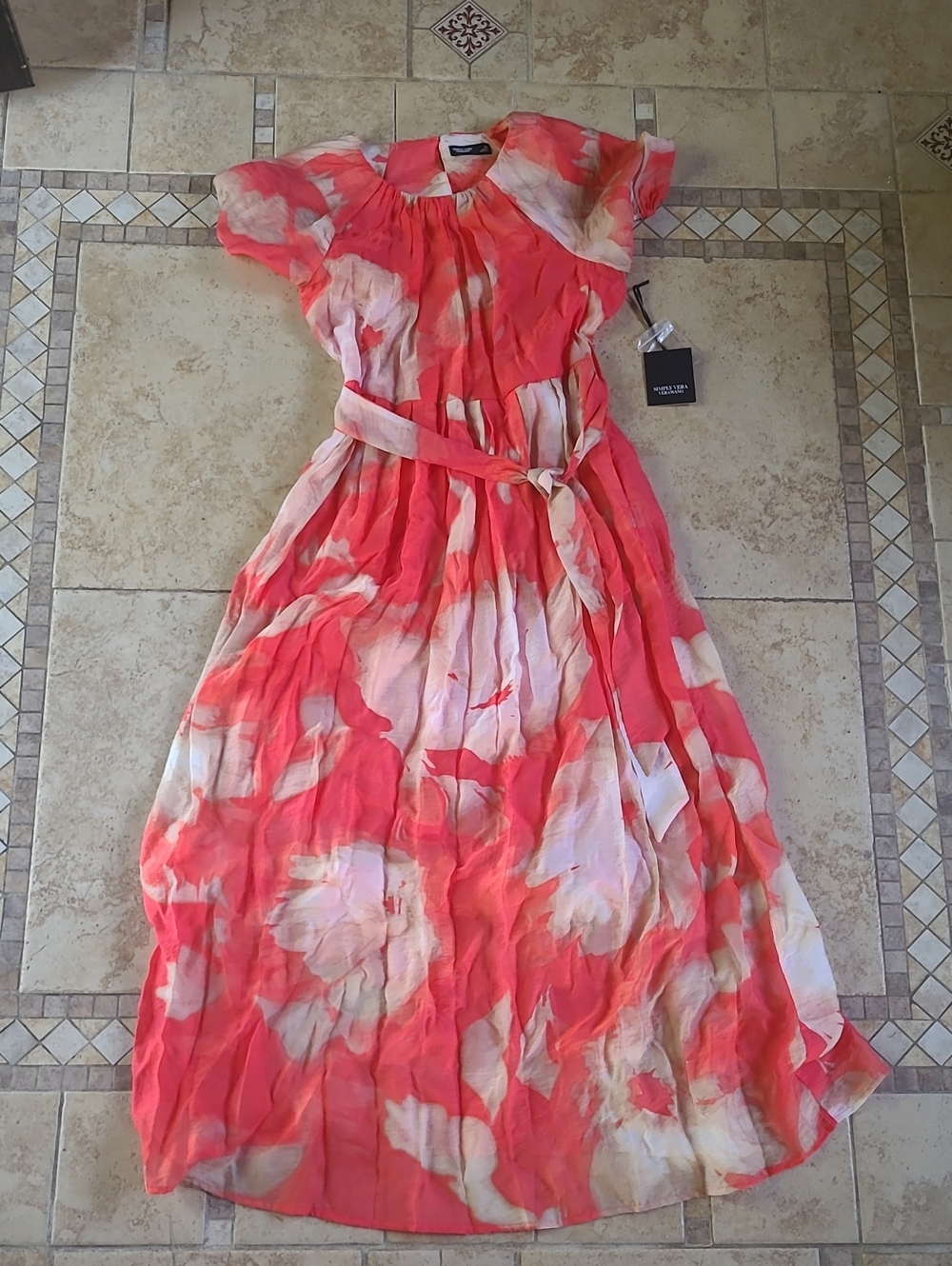 Simply Vera Vera Wang Coral and White Floral Maxi Dress with Tie Belt